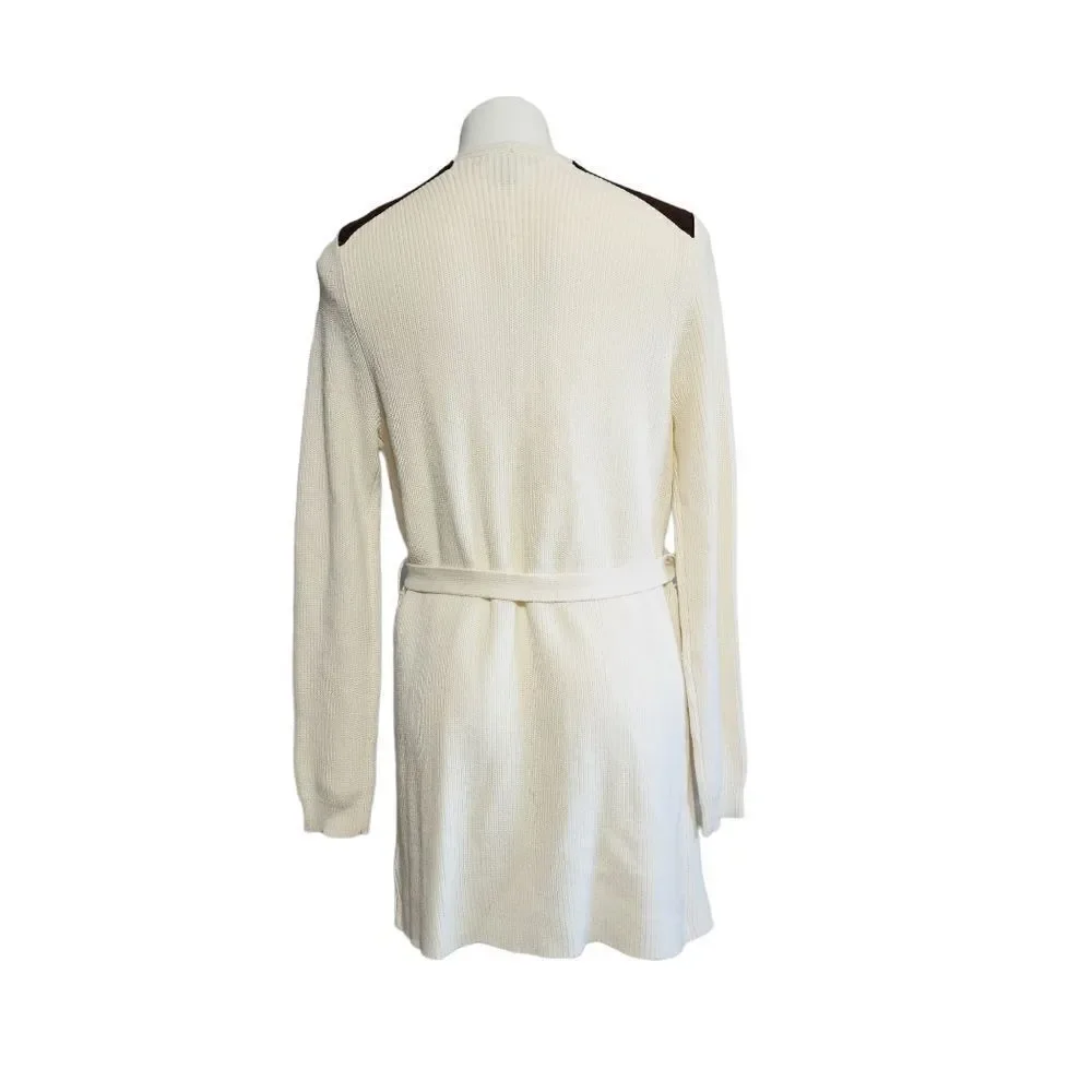 Lauren Ralph Lauren Cardigan L Cream Brown Shoulder Patch Teacher Equestrian